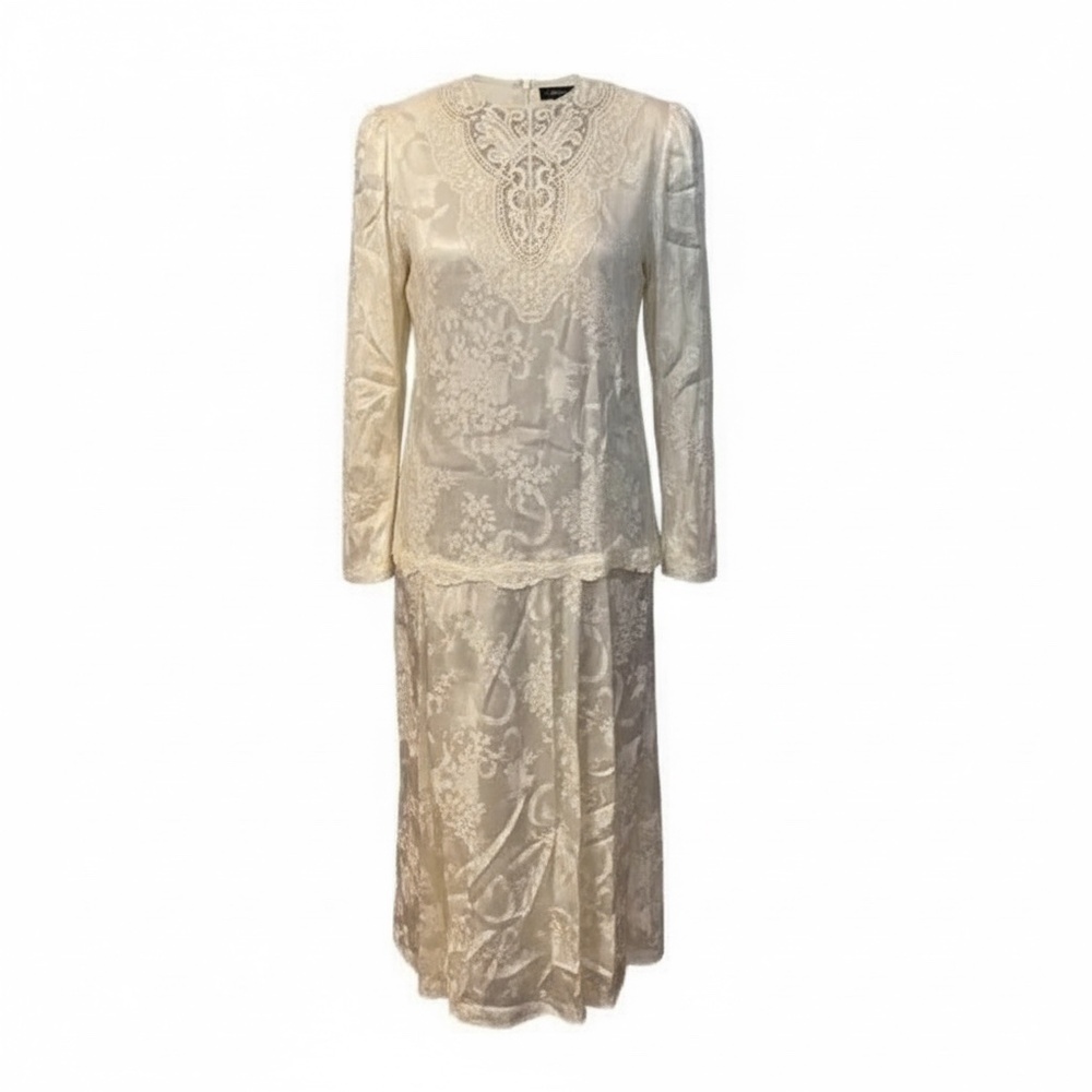 Vintage 1980s Dress Jessica McClintock Cream Lace Overlay Women's Dress, Size 10